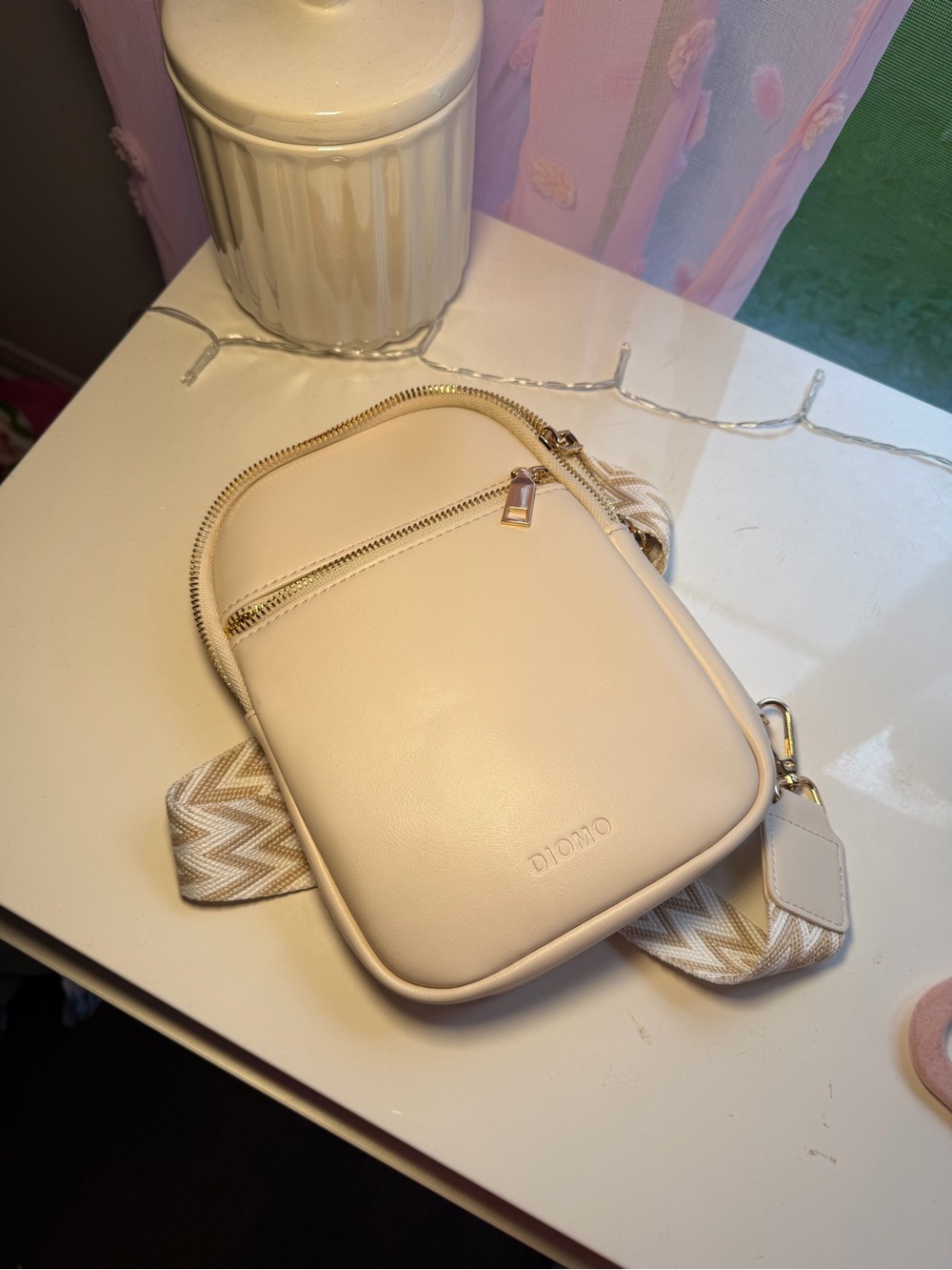 Cream Crossbody Bag with Chevron Strap - anti theft travel